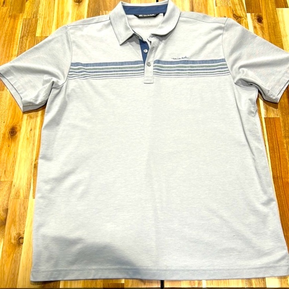 COPY - Travis Mathew Polo Grey & Navy w/ Green stripes, XL